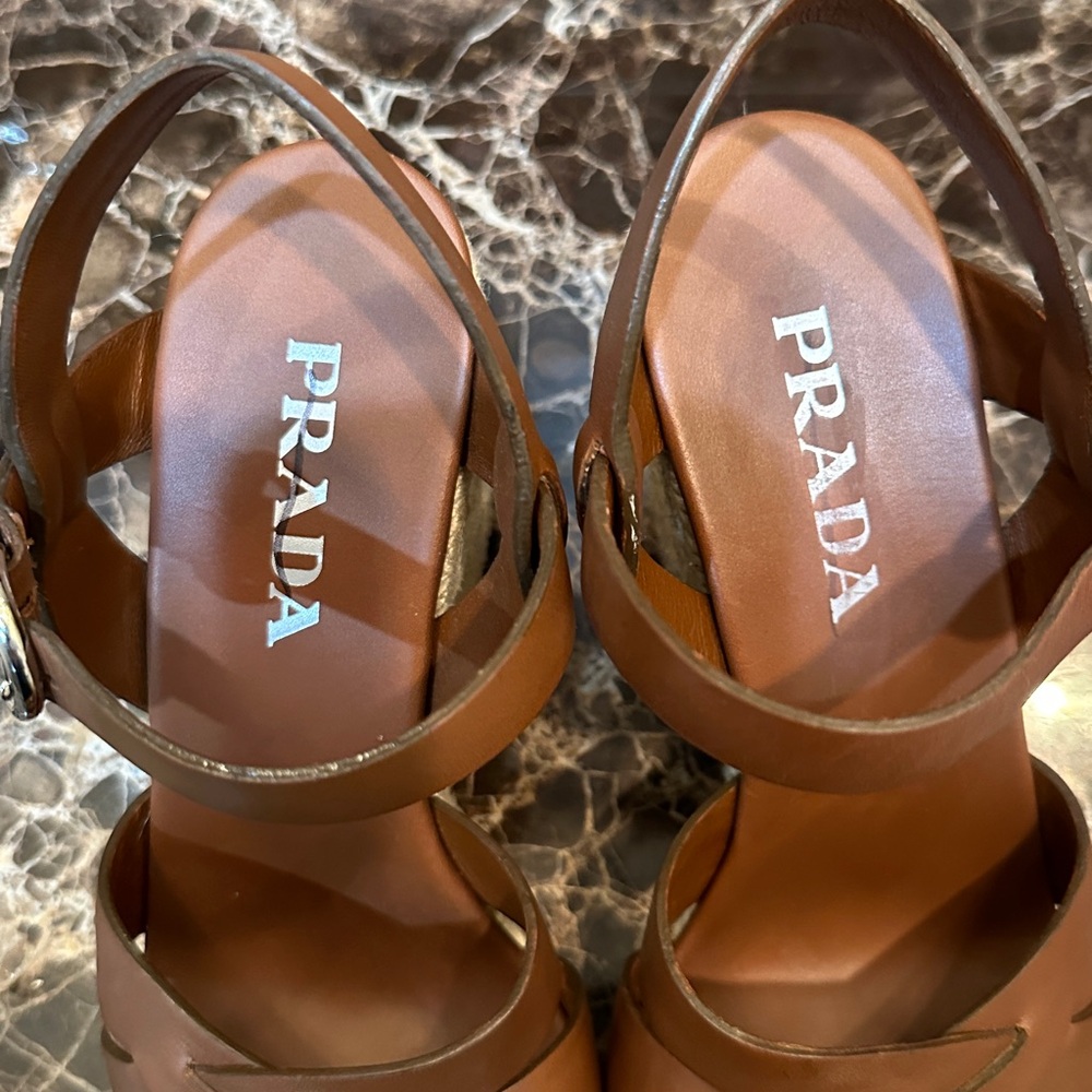 Prada Brown Leather Crisscross Espadrille Wedges with Ankle Strap. Size 8 - Picture 2 of 6